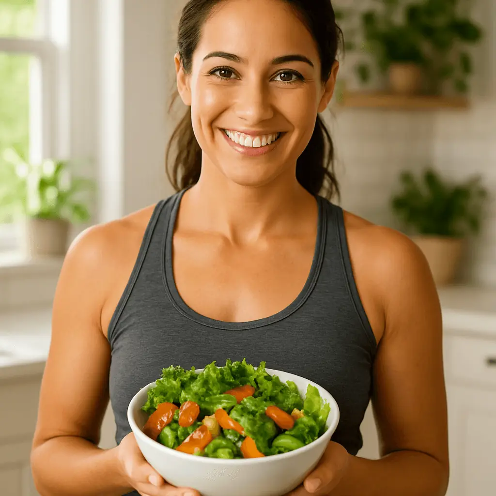 Joy, the healthy lifestyle coach, holding a fresh salad bowl