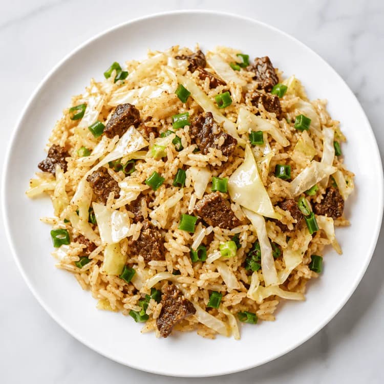 Beef and cabbage fried rice on a white plate