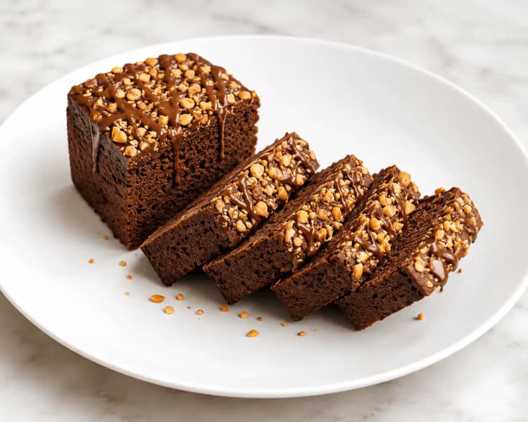 Healthy chocolate nut loaf cake, sliced, on a white plate