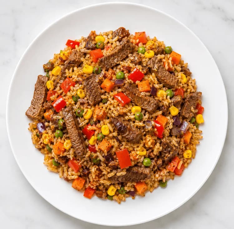 Beef and vegetable jollof rice on a white plate